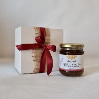 Bomboniera alimentare con confettura extra di fichi d’Inda, marmellata siciliana da 230 grammi in vasetto di vetro, prodotto tipico siciliano in vendita su ciuriciuri.shop