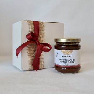 Bomboniera alimentare con marmellata di arance rosse, marmellata di agrumi siciliani da 230 grammi in vasetto di vetro, conserva siciliana in vendita su ciuriciuri.shop