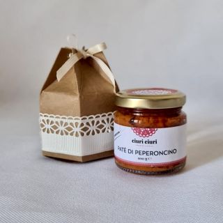 Bomboniera gastronomica con paté di peperoncino, paté da 100 grammi in vasetto di vetro, prodotto tipico siciliano in vendita su ciuriciuri.shop