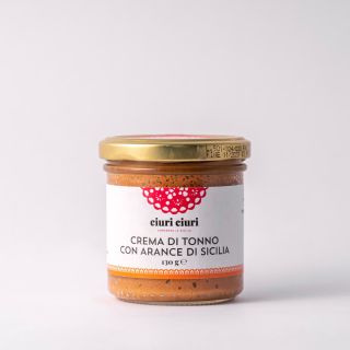 Crema di tonno con arance di Sicilia, crema salata da 130 grammi in vasetto di vetro, prodotto tipico siciliano in vendita su ciuriciuri.shop