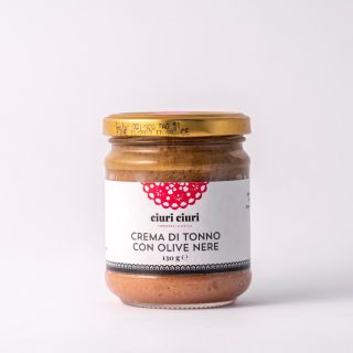 Crema di tonno con olive nere, crema salata da 130 grammi in vasetto di vetro, prodotto tipico siciliano in vendita su ciuriciuri.shop