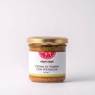Crema di tonno con pistacchi, crema salata da 130 grammi in vasetto di vetro, conserva siciliana in vendita su ciuriciuri.shop
