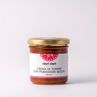 Crema di tonno con pomodori secchi, crema salata da 130 grammi in vasetto di vetro, prodotto tipico siciliano in vendita su ciuriciuri.shop