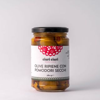 Olive ripiene con pomodori secchi, conserva siciliana da 280 grammi in vasetto di vetro, prodotto tipico siciliano in vendita su ciuriciuri.shop