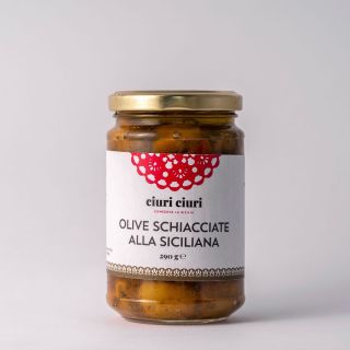Olive schiacciate alla siciliana, prodotto tipico siciliano da 290 grammi in vasetto di vetro, conserva siciliana in vendita su ciuriciuri.shop