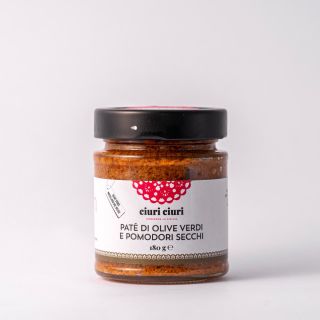 Paté di olive verdi e pomodori secchi, paté da 180 grammi in vasetto di vetro, conserva siciliana in vendita su ciuriciuri.shop