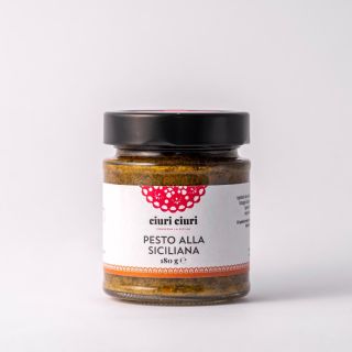 Pesto alla siciliana, condimento per pasta da 180 grammi in vasetto di vetro, conserva siciliana in vendita su ciuriciuri.shop
