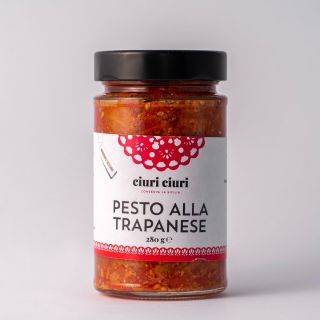 Pesto alla trapanese, condimento per pasta da 280 grammi in vasetto di vetro, prodotto tipico siciliano in vendita su ciuriciuri.shop
